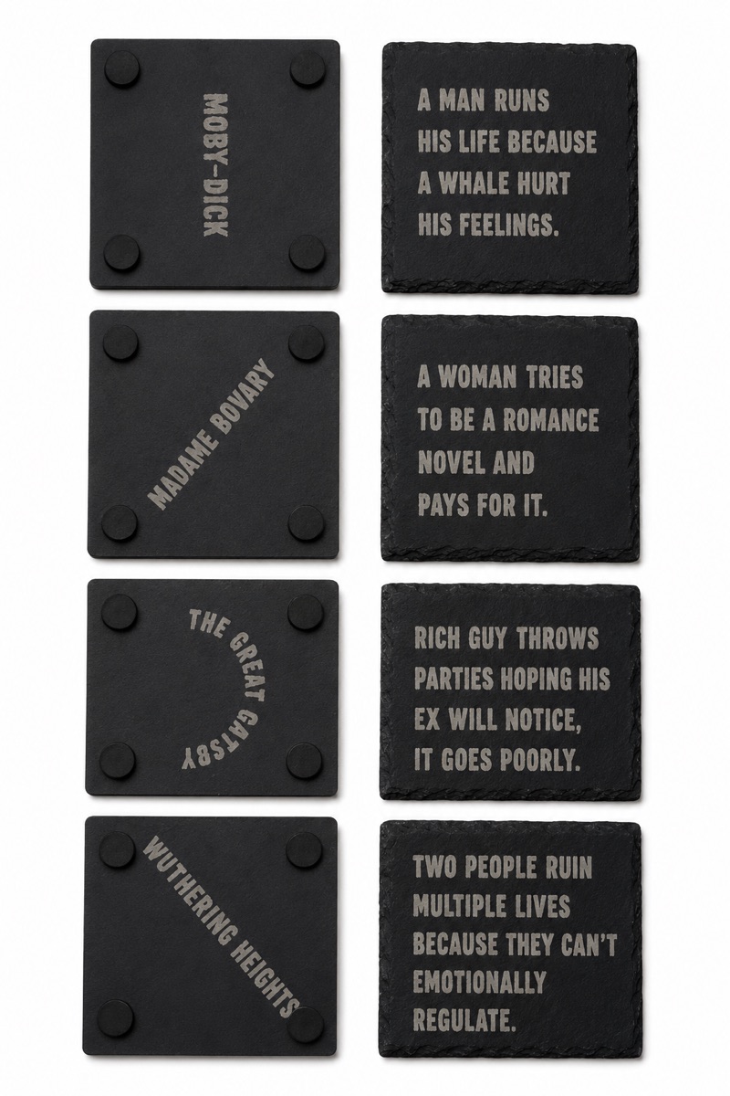 Books Explained Badly slate coaster set with engraved literary joke designs