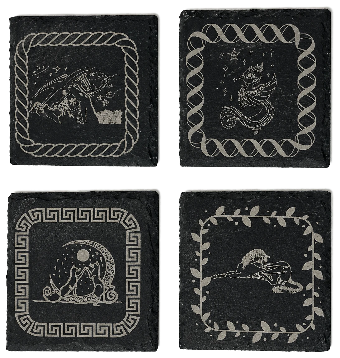 Ready-made slate coaster set with moon, ship, and illustrated designs
