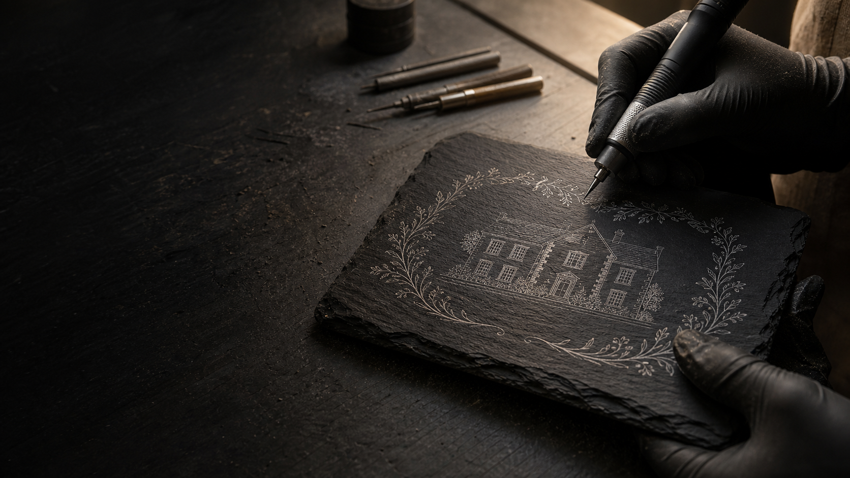 An artisan engraving a detailed house illustration into natural slate